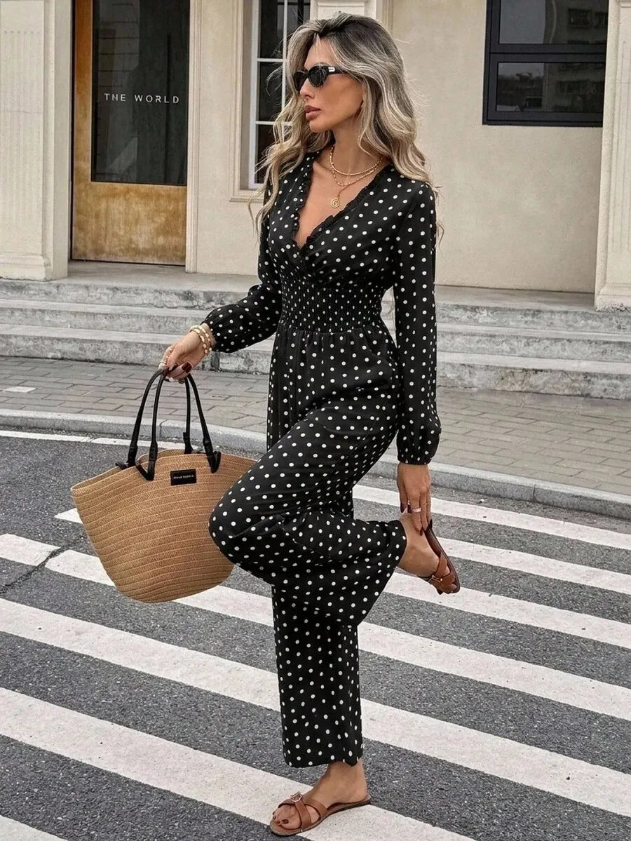 SHEIN Frenchy جمبسوت نسائي بنقشة بولكا دوت وياقة وأكمام طويلة بلون الأسود