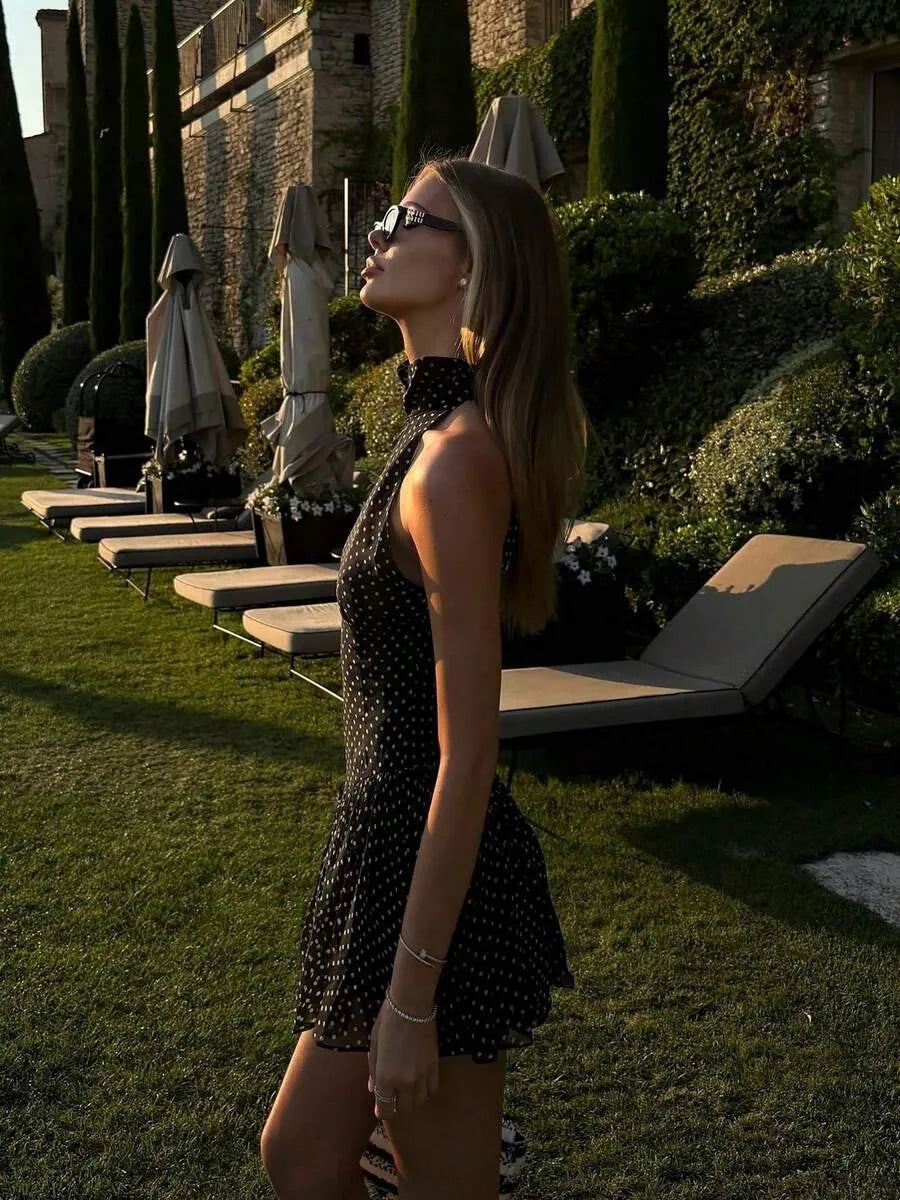 SHEIN A-Line فستان ميني بلون أسود بنقشة نقاط وياقة رسن وحافة مكشكشة وقصة