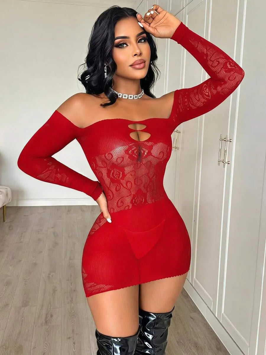 SHEIN ChaseTheNight فستان لانجري نسائي قصير من الدانتيل والشبك بأكمام طويلة بلون أحمر