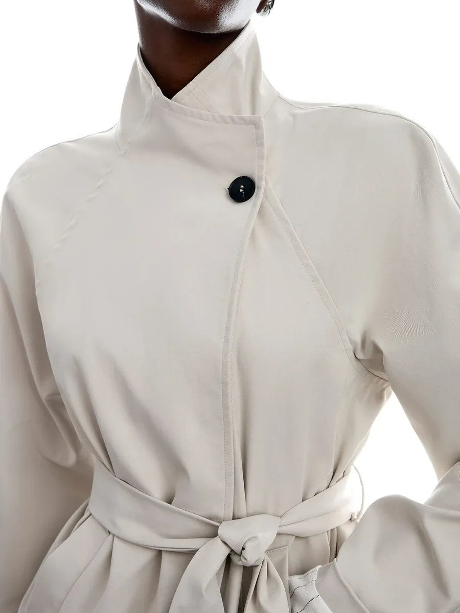 SHEIN LYSMO معطف ترينش فضفاض بياقة قائمة وحزام خصر وأزرار أمامية بلون رمادي فاتح