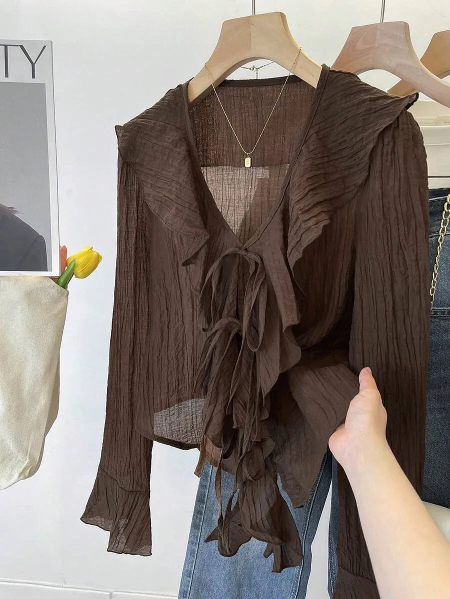 SHEIN NostaNoir بلوزة نسائية بياقة مكشكشة ورباط أمامي وفتحات أكمام بلون بني قهوة