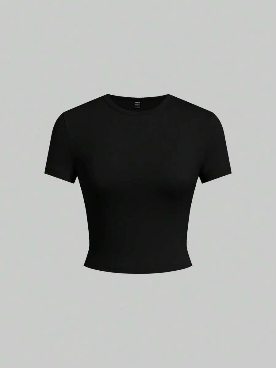 SHEIN EZwear مجموعة 5 قطع تي شيرت نسائي بأكمام قصيرة وياقة دائرية بلون بني
