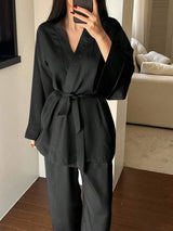 SHEIN DAZY طقم ملابس نوم قطعتين بروب طويل بياقة وحزام وبنطال طويل بلون أسود