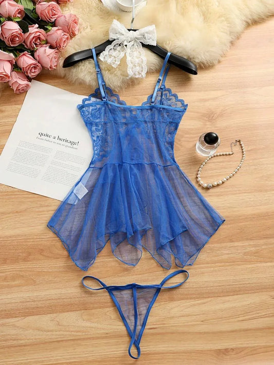 SHEIN طقم لانجري شبك شفاف 2 قطعة بحمالات قابلة للتعديل بلون أزرق غامق