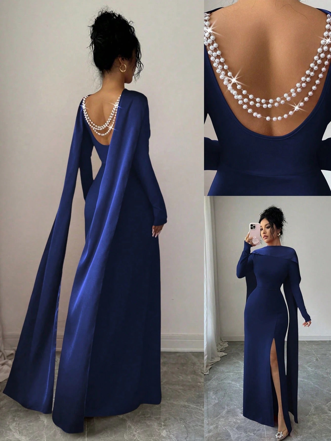SHEIN Elenzga فستان أزرق محبوك بخصر مربوط مزين بلؤلؤ
