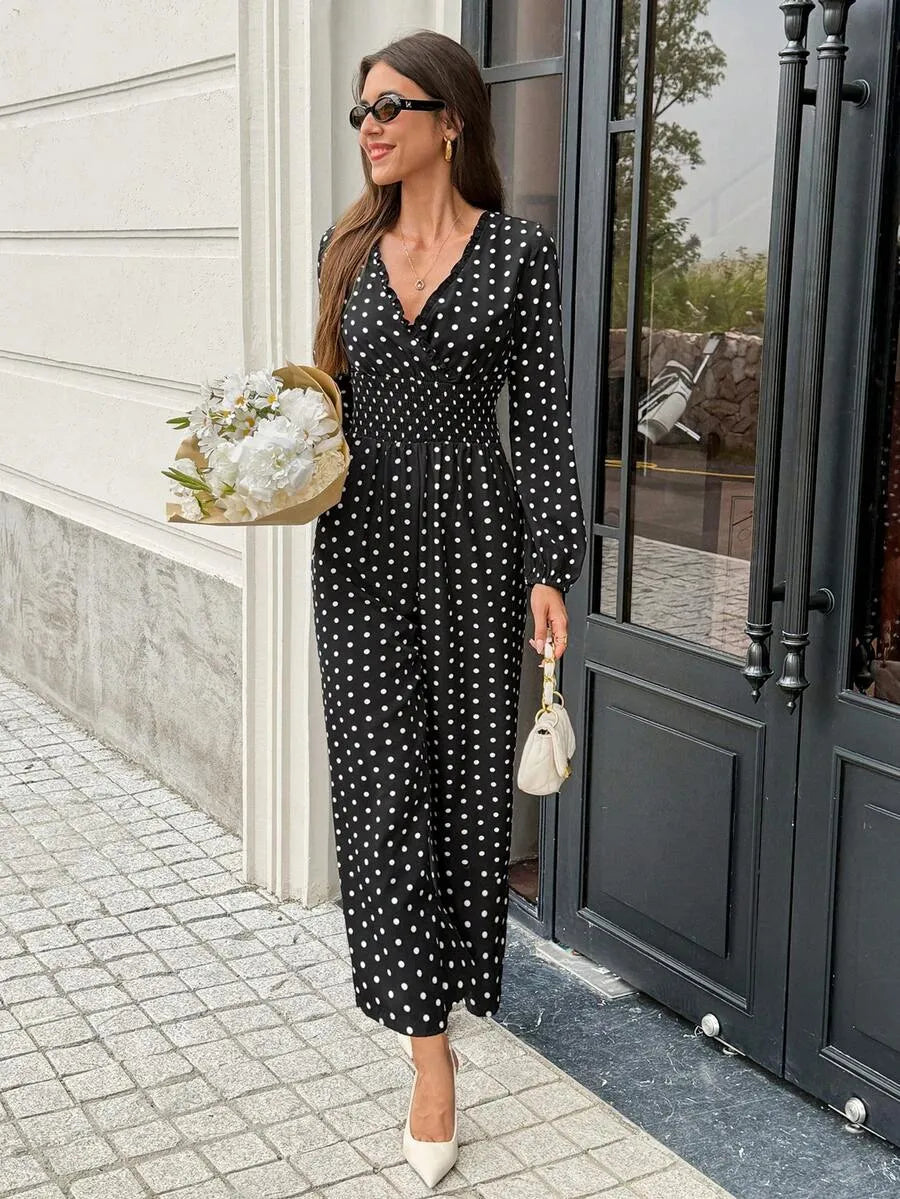 SHEIN Frenchy جمبسوت نسائي بنقشة بولكا دوت وياقة وأكمام طويلة بلون الأسود