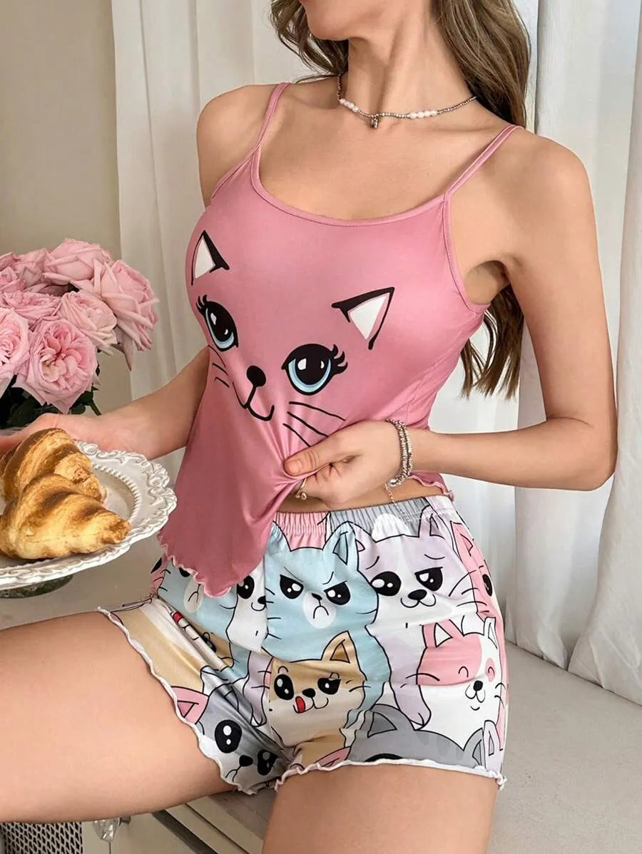 SHEIN طقم بيجامة قطعتين كامي وشورت بطبعة قطة كرتونية متعدد الألوان