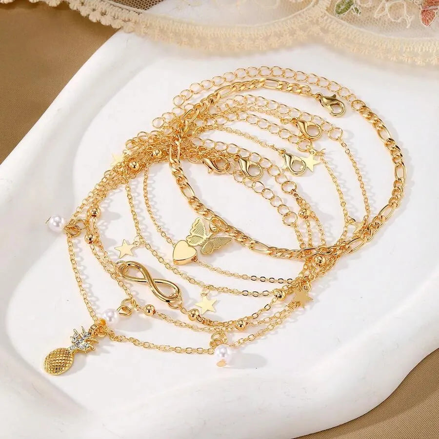 SHEIN سوار كاحل 5 قطع بوهيمي أناناس ولؤلؤ وفراشة مطلي بالذهب