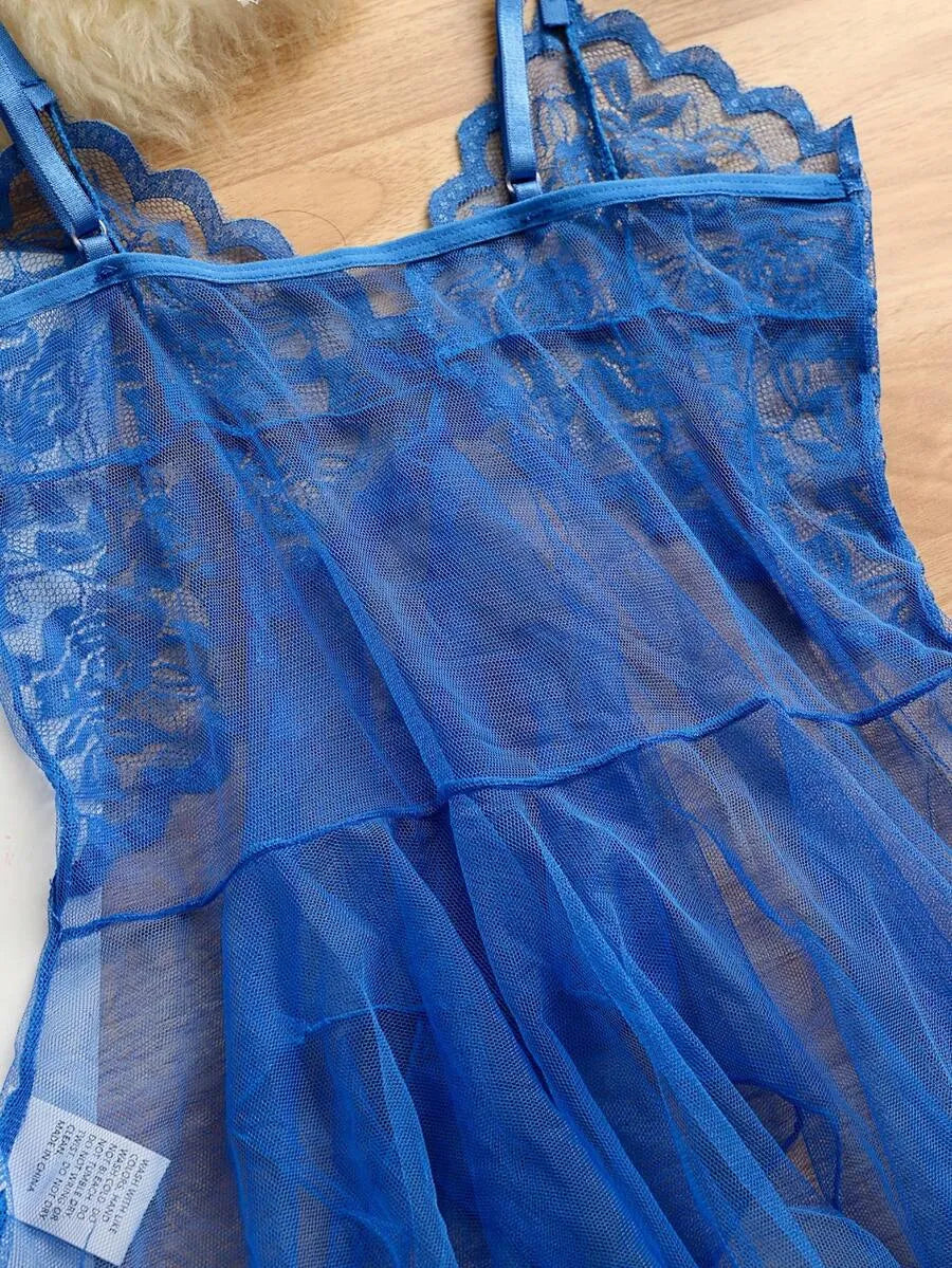 SHEIN طقم لانجري شبك شفاف 2 قطعة بحمالات قابلة للتعديل بلون أزرق غامق