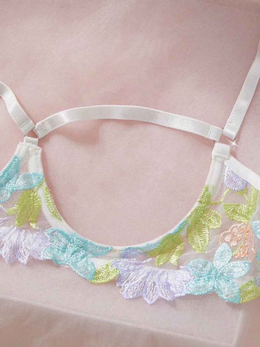 SHEIN طقم لانجري نسائي 2 قطعة من الشبك المطرز بتصميم زهري وحمالات قابلة للتعديل بلون أبيض