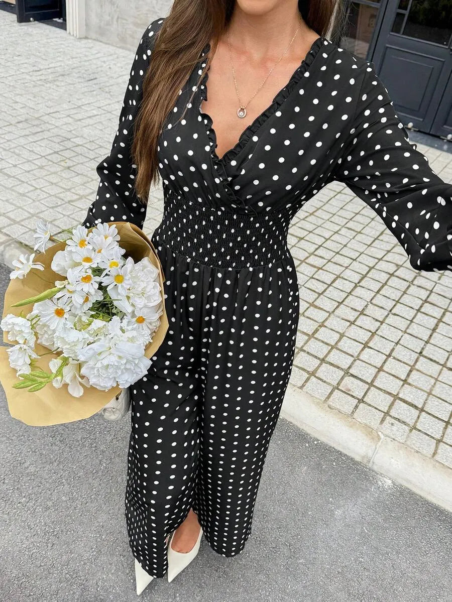 SHEIN Frenchy جمبسوت نسائي بنقشة بولكا دوت وياقة وأكمام طويلة بلون الأسود