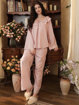 SHEIN Côtesoire طقم بيجامة قطعتين ببلوزة بأكمام طويلة وياقة بربطة وبنطال طويل بتفاصيل دانتيل، متعدد الألوان