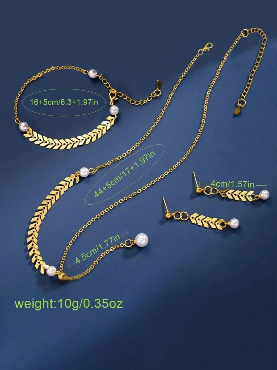 SHEIN طقم مجوهرات نسائي قلادة وأقراط وسوار بتصميم قمح ولؤلؤ بلون ذهبي