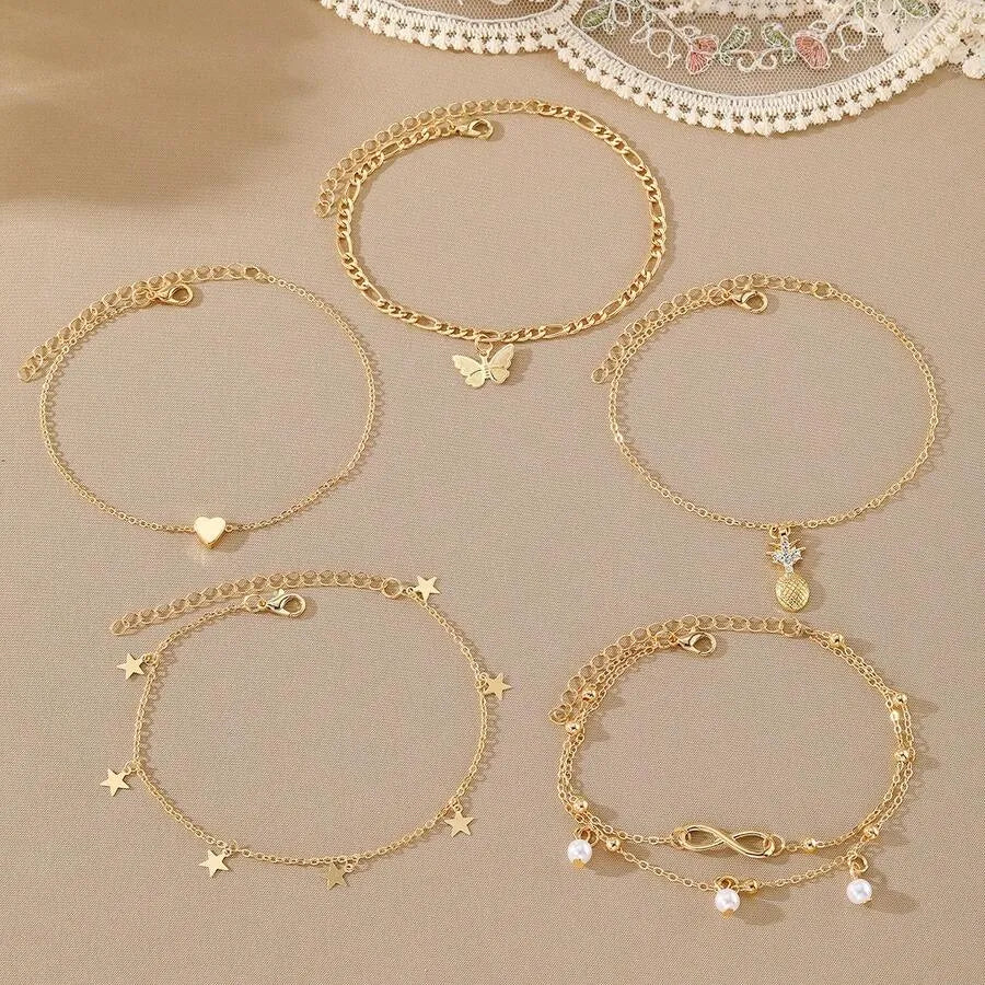 SHEIN سوار كاحل 5 قطع بوهيمي أناناس ولؤلؤ وفراشة مطلي بالذهب