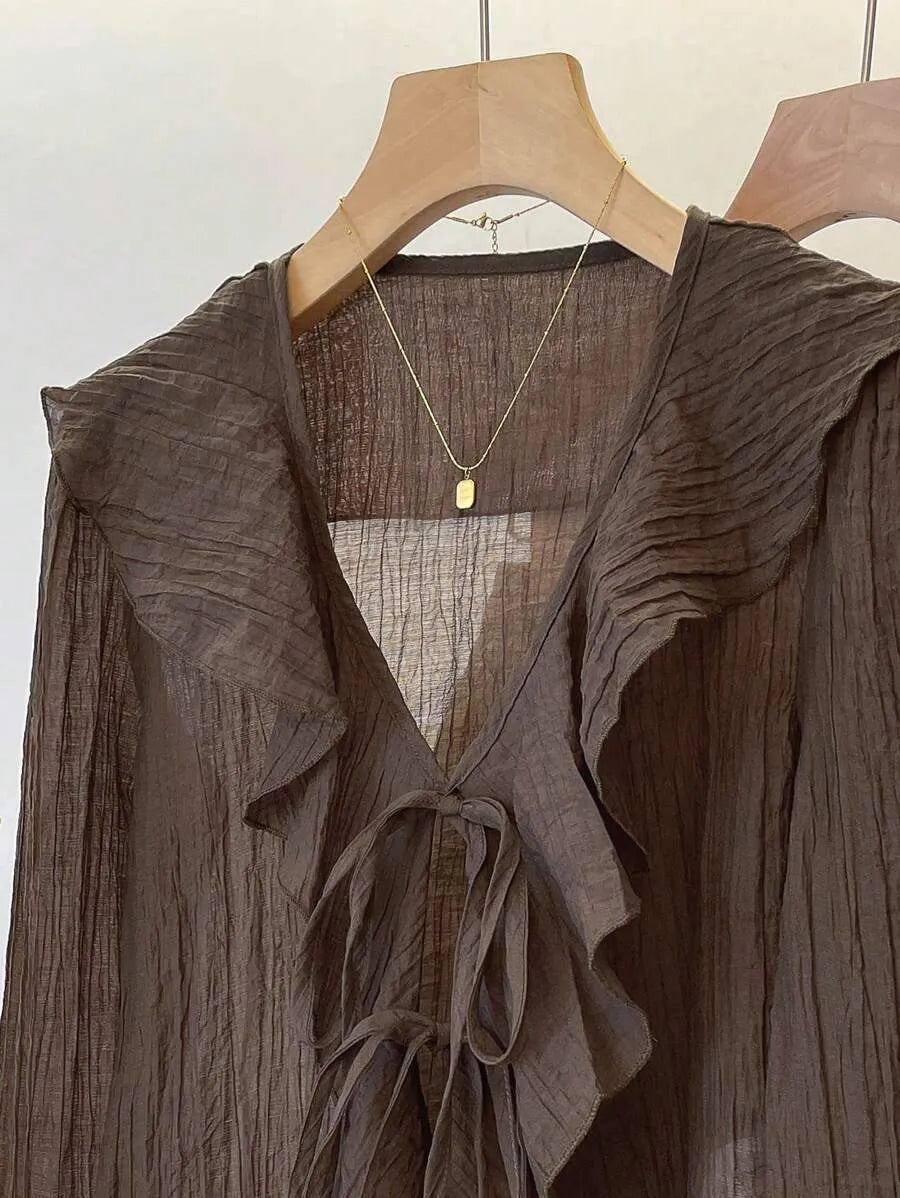 SHEIN NostaNoir بلوزة نسائية بياقة مكشكشة ورباط أمامي وفتحات أكمام بلون بني قهوة