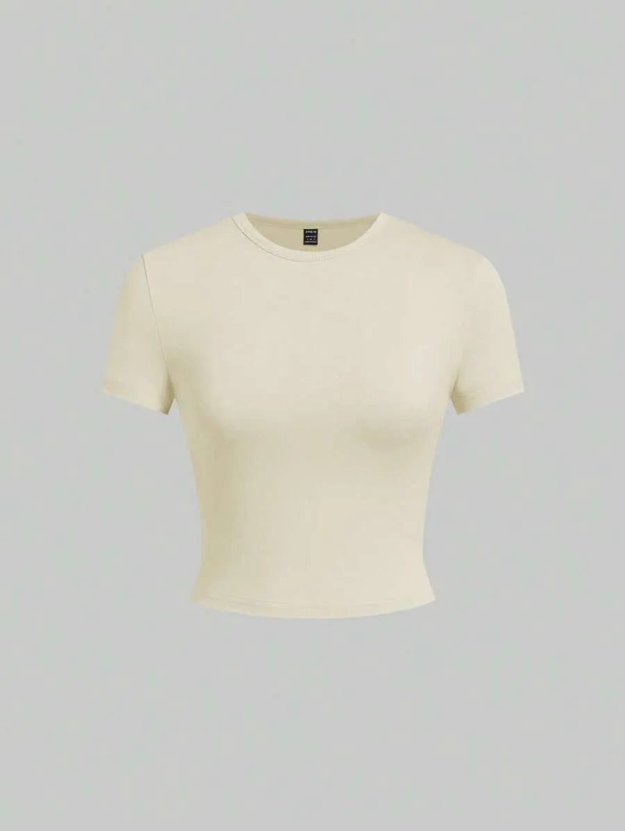 SHEIN EZwear مجموعة 5 قطع تي شيرت نسائي بأكمام قصيرة وياقة دائرية بلون بني