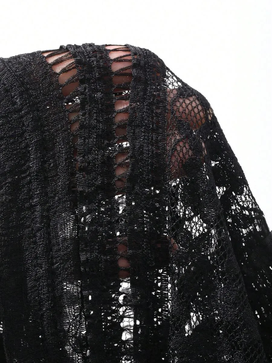 SHEIN Dazy Plus فستان نسائي طويل ضيق بياقة دائرية وأكمام قصيرة بلون أسود
