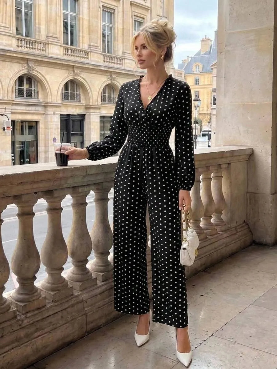 SHEIN Frenchy جمبسوت نسائي بنقشة بولكا دوت وياقة وأكمام طويلة بلون الأسود