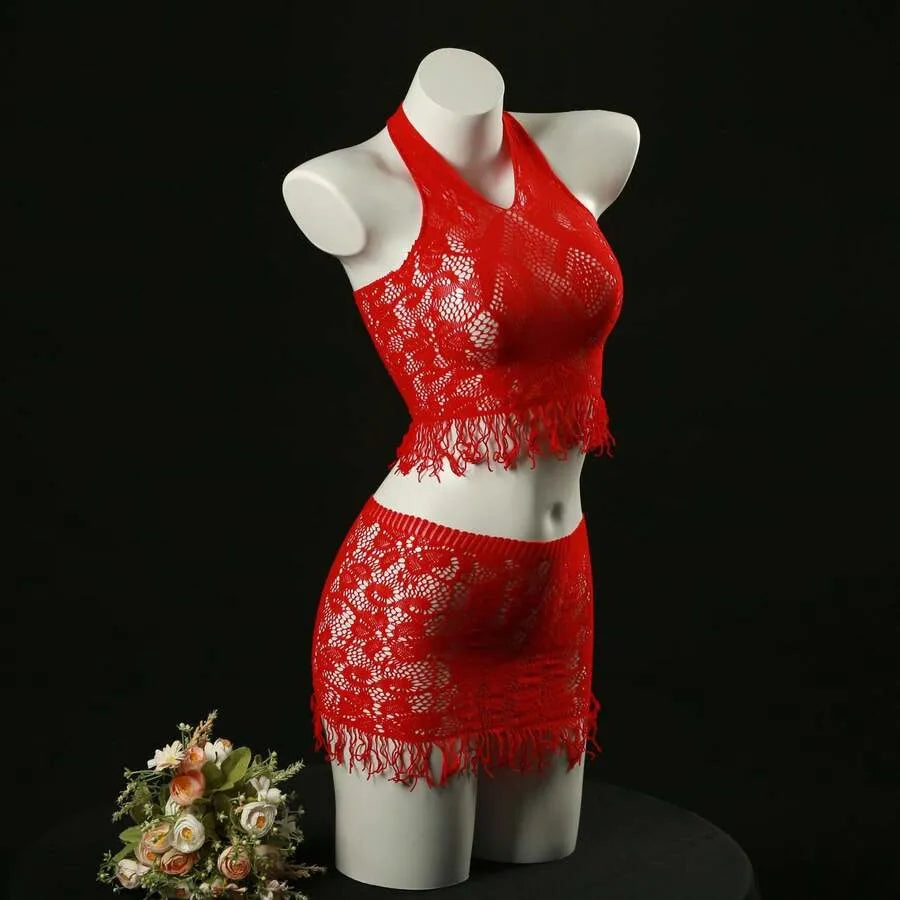 SHEIN تنورة لانجري نسائية قصيرة ضيقة شفافة بتصميم نباتي بلون أحمر