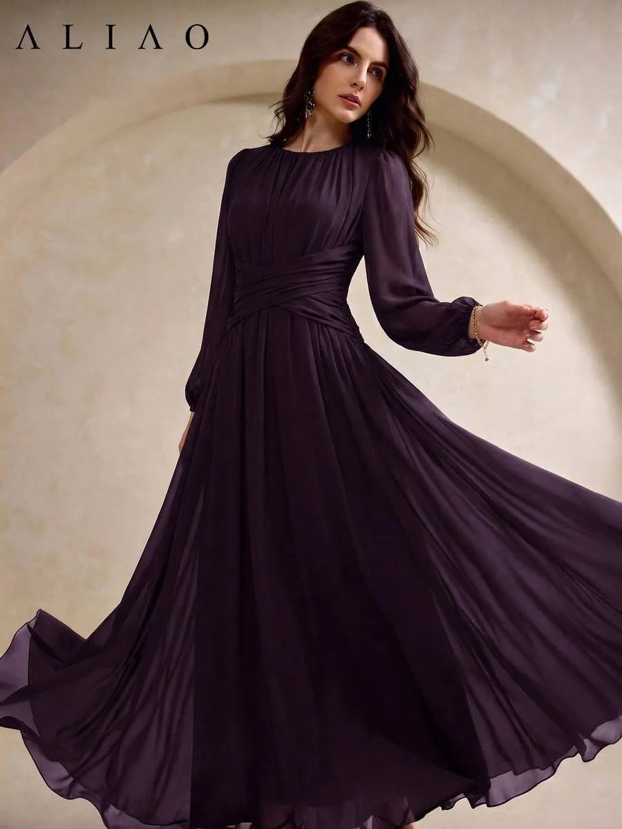 SHEIN Aliao فستان شيفون طويل بياقة دائرية وخصر ملفوف وثنيات أمامية وأكمام طويلة بلون أرجواني