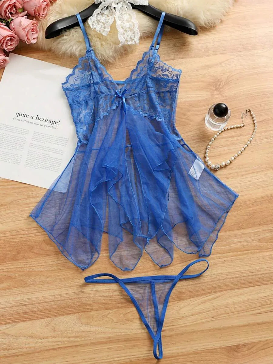 SHEIN طقم لانجري شبك شفاف 2 قطعة بحمالات قابلة للتعديل بلون أزرق غامق