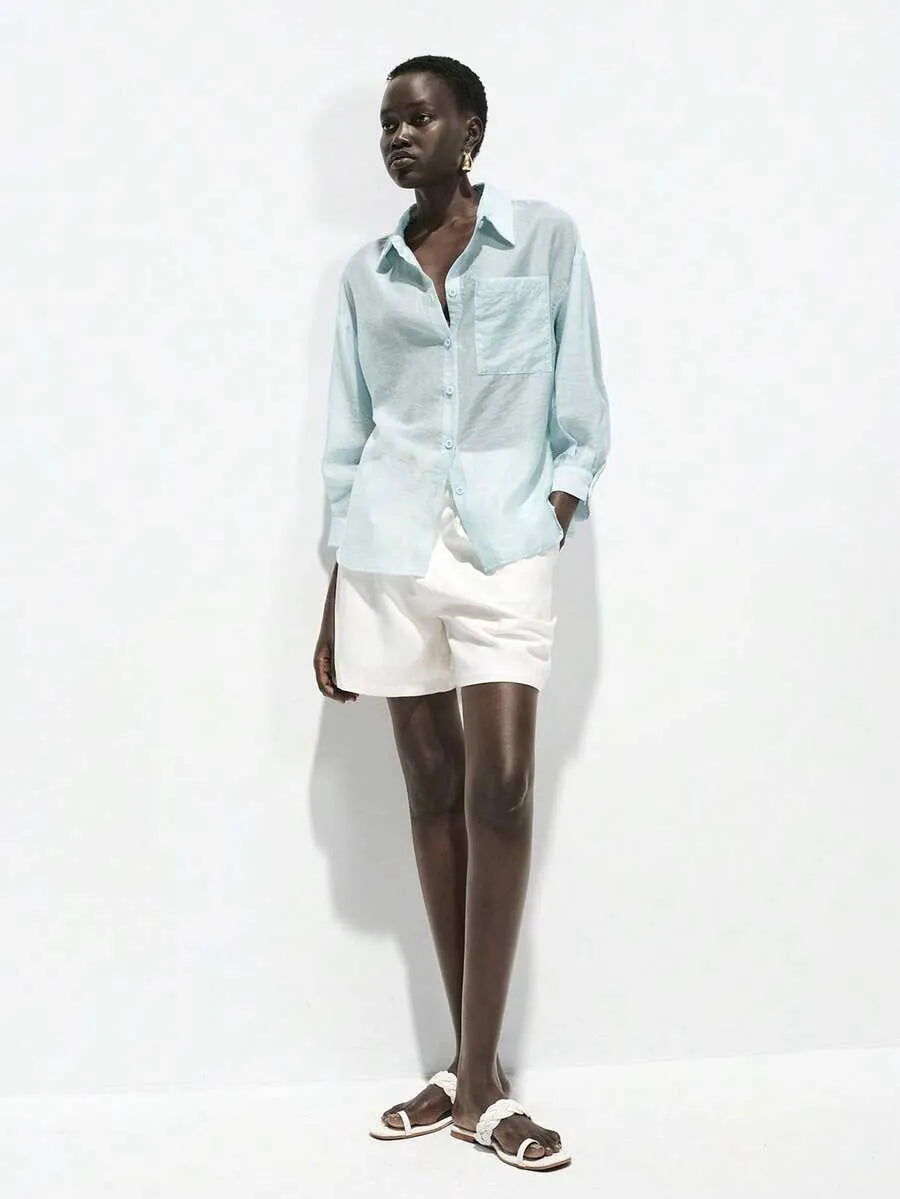 SHEIN Lumivelle قميص نسائي فضفاض شفاف بأزرار وجيب وأكمام 3/4 بلون أزرق