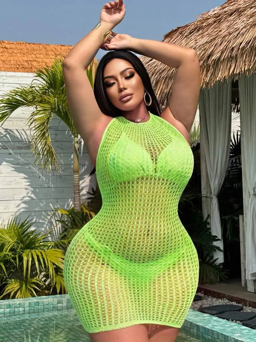 SHEIN فستان لانجري شبكي شفاف بحمالات رفيعة وظهر مكشوف بلون أخضر نعناع