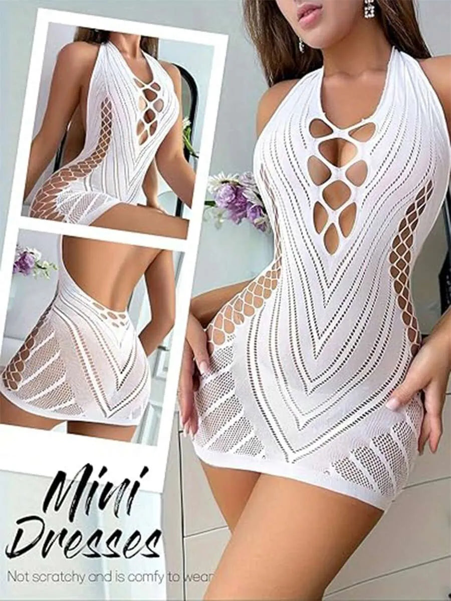 SHEIN ChaseTheNight فستان بيبي دول نسائي شبكي بياقة هالتر وظهر مكشوف بلون أبيض