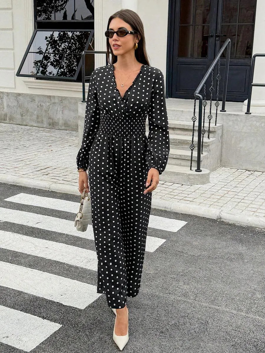 SHEIN Frenchy جمبسوت نسائي بنقشة بولكا دوت وياقة وأكمام طويلة بلون الأسود