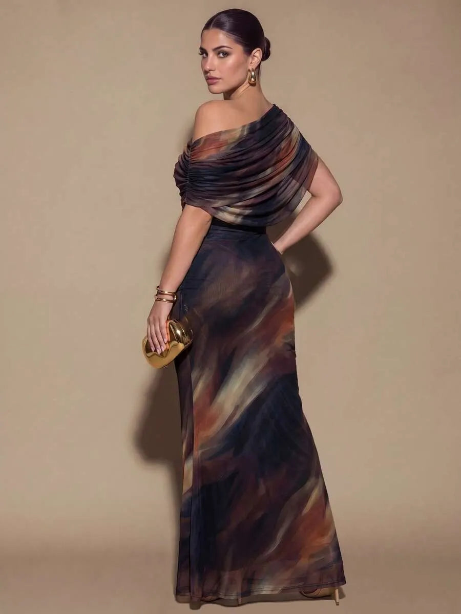 SHEIN BAE CURVE فستان نسائي بياقة غير متماثلة وشق جانبي بلون بني
