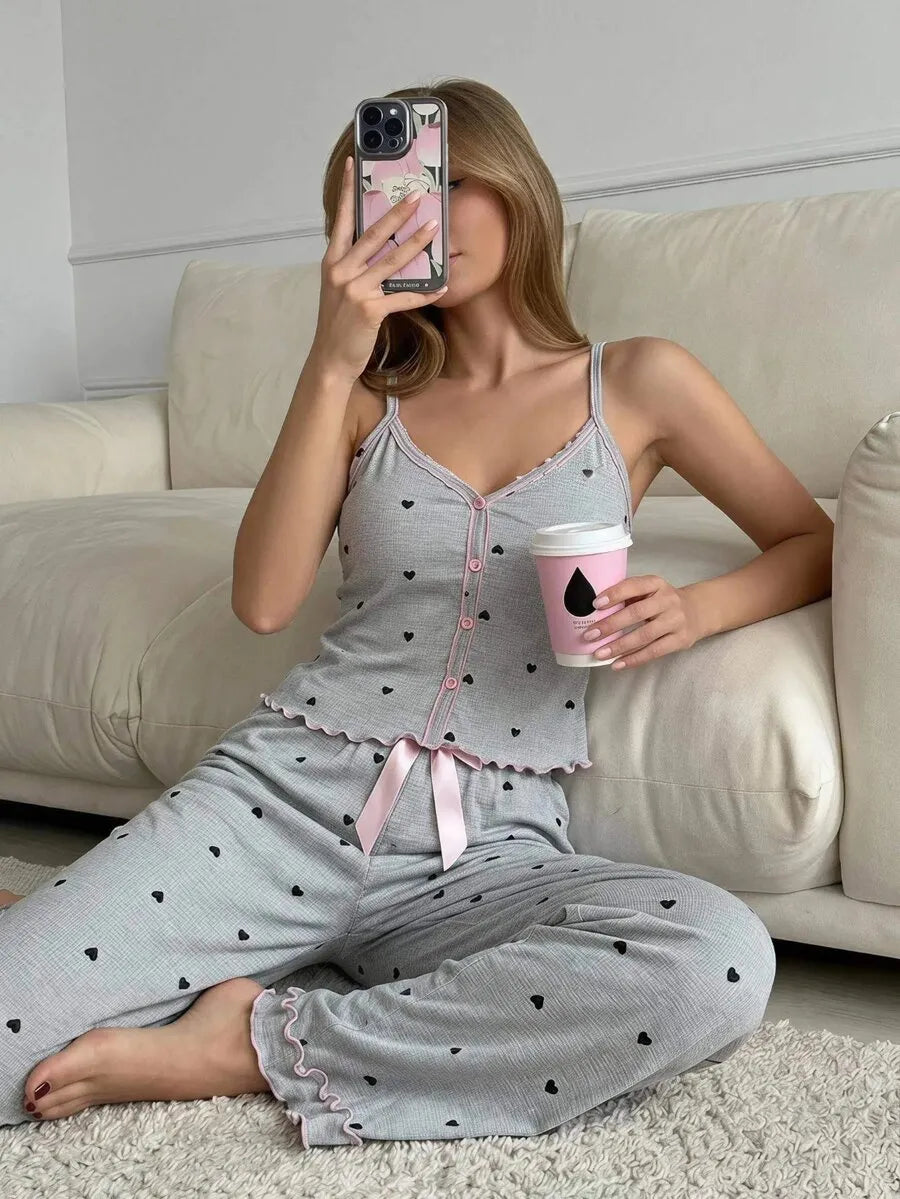 SHEIN MOD طقم بيجامة نسائي من قطعتين بتوب بحمالات رفيعة ورباط خلفي وبنطال بلون رمادي