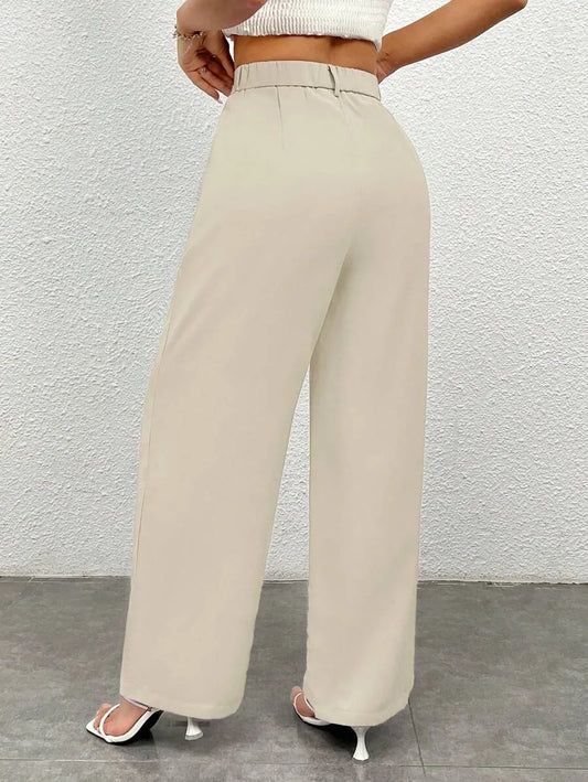 SHEIN PETITE بنطلون بلون بيج طويل واسع الساق بخصر عالي