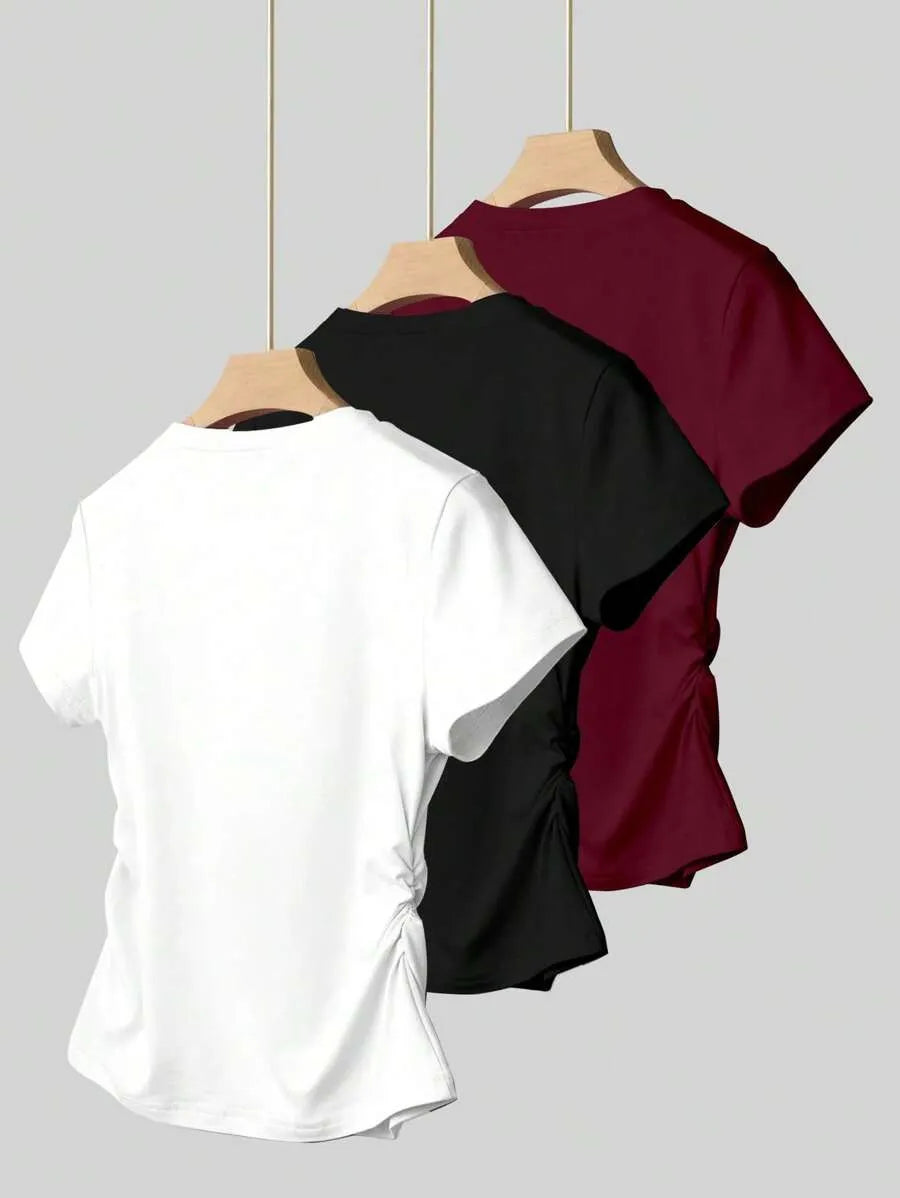 SHEIN INAWLY طقم 3 قطع تي شيرت نسائي بأكمام قصيرة وتصميم خصر متعدد الألوان