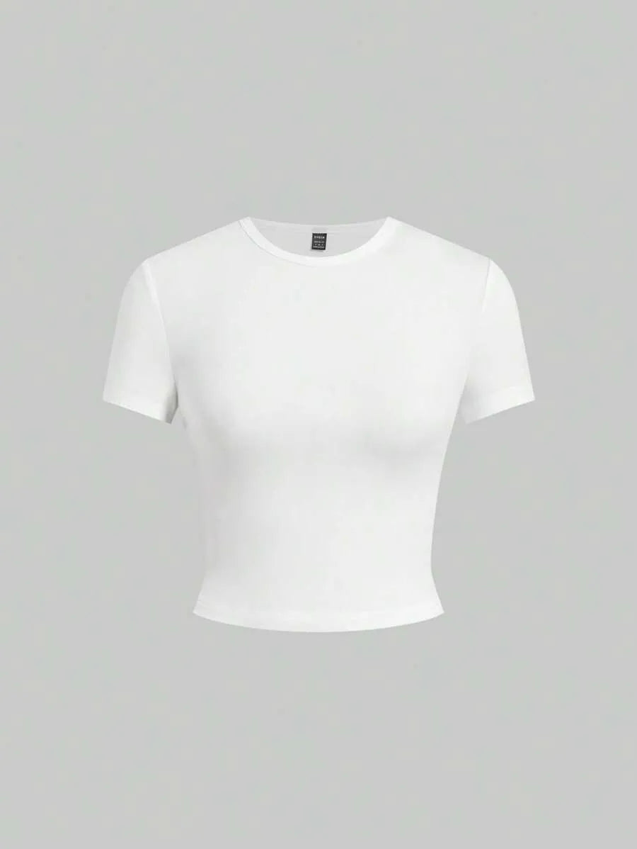 SHEIN EZwear مجموعة 5 قطع تي شيرت نسائي بأكمام قصيرة وياقة دائرية بلون بني