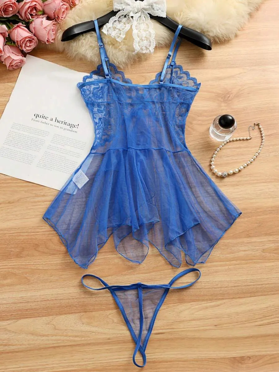 SHEIN طقم لانجري شبك شفاف 2 قطعة بحمالات قابلة للتعديل بلون أزرق غامق