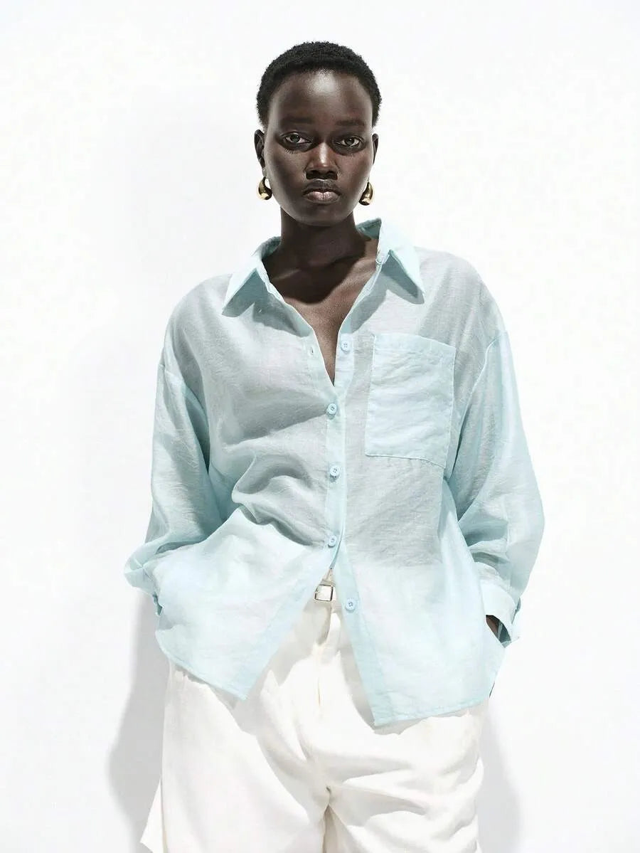 SHEIN Lumivelle قميص نسائي فضفاض شفاف بأزرار وجيب وأكمام 3/4 بلون أزرق