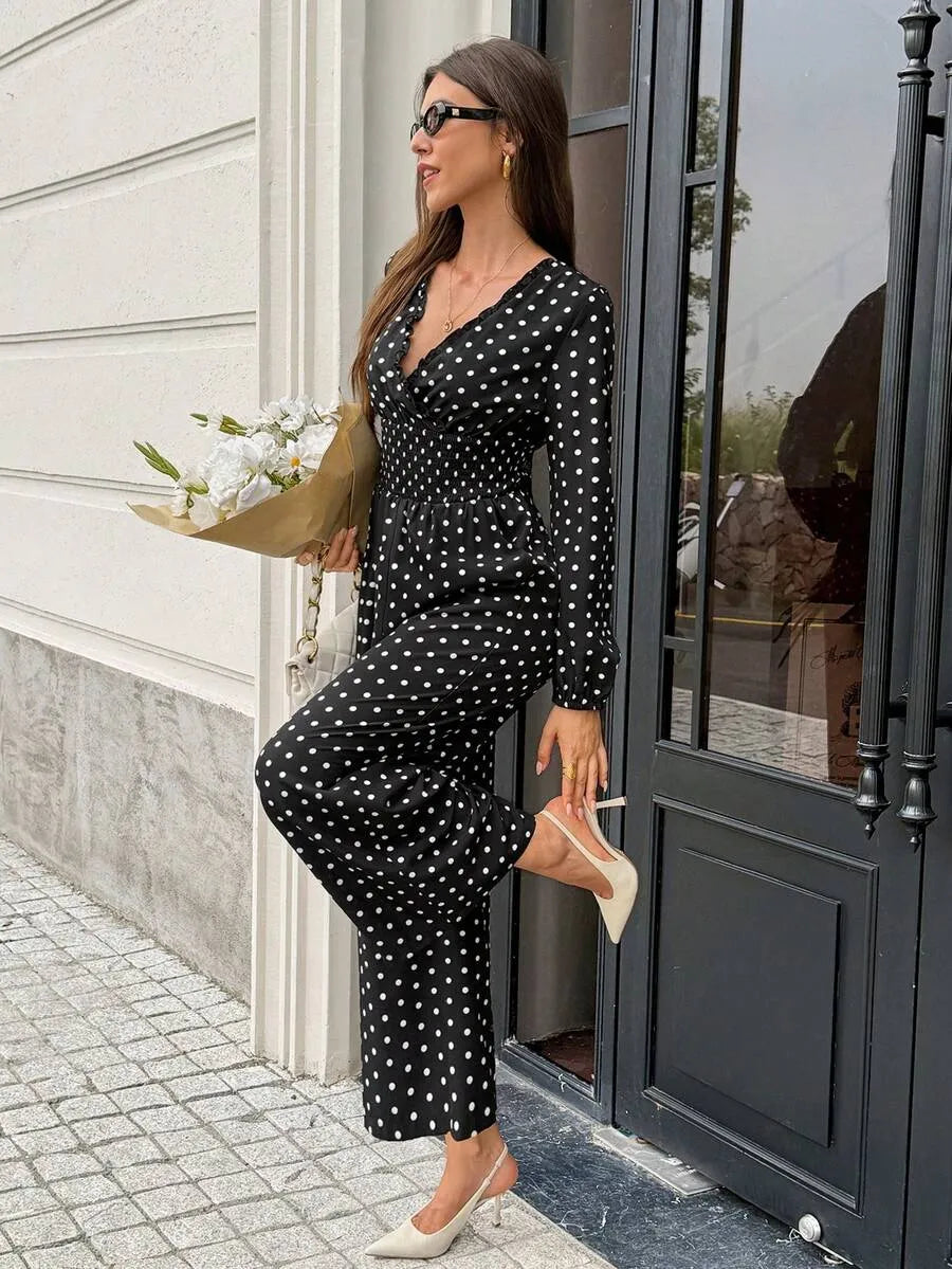 SHEIN Frenchy جمبسوت نسائي بنقشة بولكا دوت وياقة وأكمام طويلة بلون الأسود