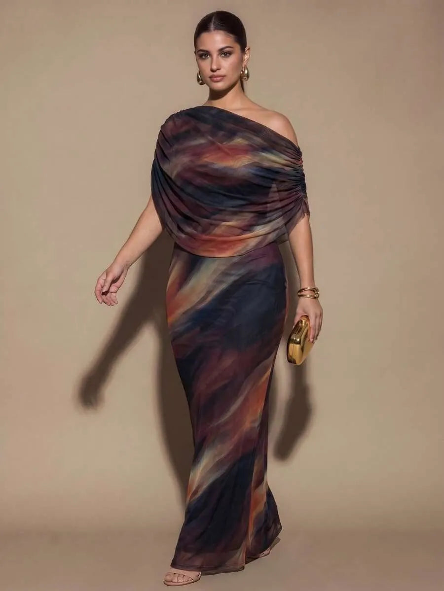 SHEIN BAE CURVE فستان نسائي بياقة غير متماثلة وشق جانبي بلون بني