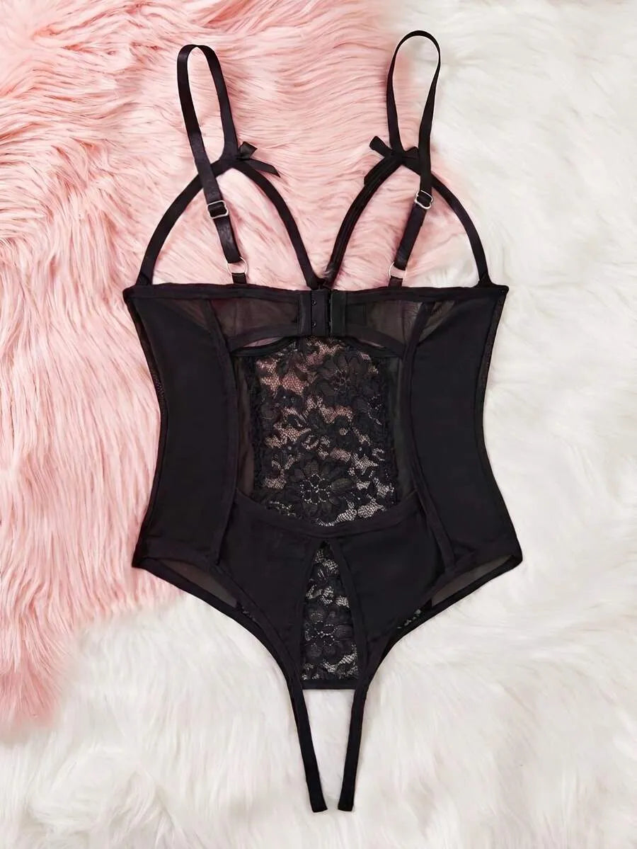 SHEIN ملابس داخلية نسائية من الدانتيل والشبك بتصميم مفرغ وفيونكة بلون أسود