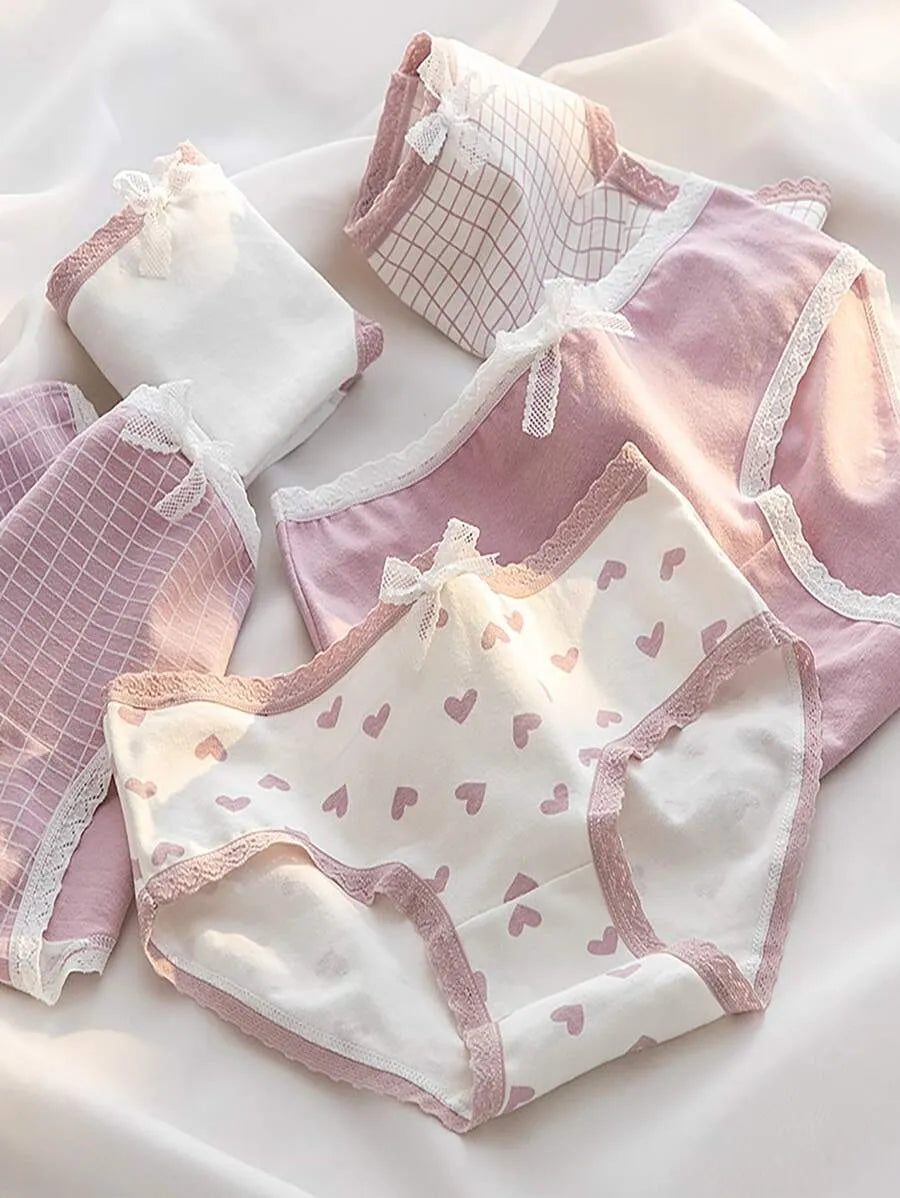 SHEIN سراويل داخلية نسائية من 5 قطع بخصر متوسط مزينة بفيونكة ومتعدد الألوان