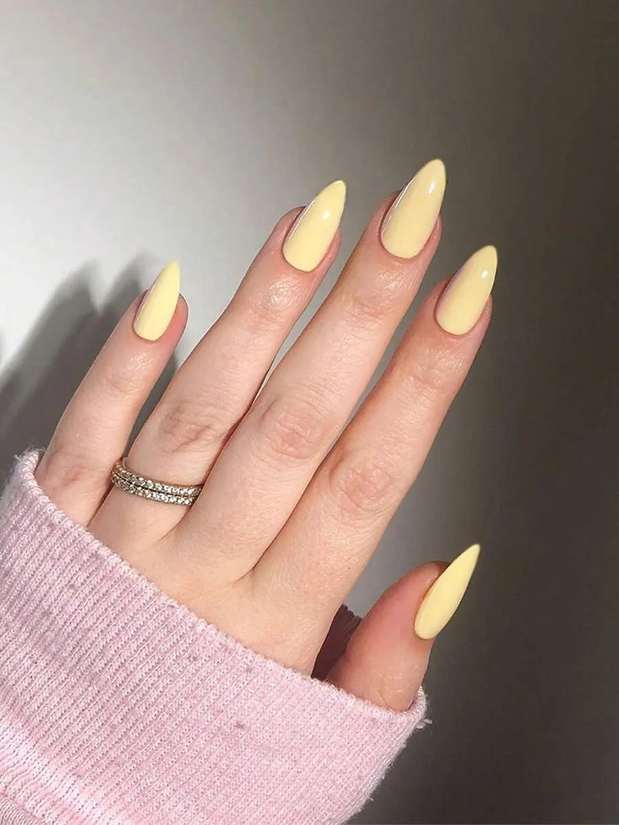 SHEIN أظافر أكريليك 24 قطعة بشكل لوز بلون أصفر ساطع لامع