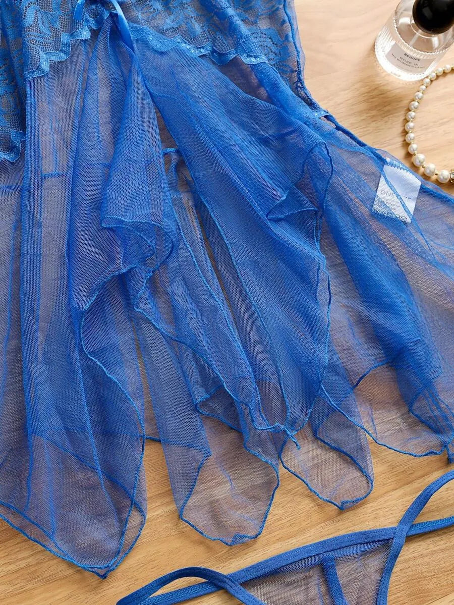 SHEIN طقم لانجري شبك شفاف 2 قطعة بحمالات قابلة للتعديل بلون أزرق غامق