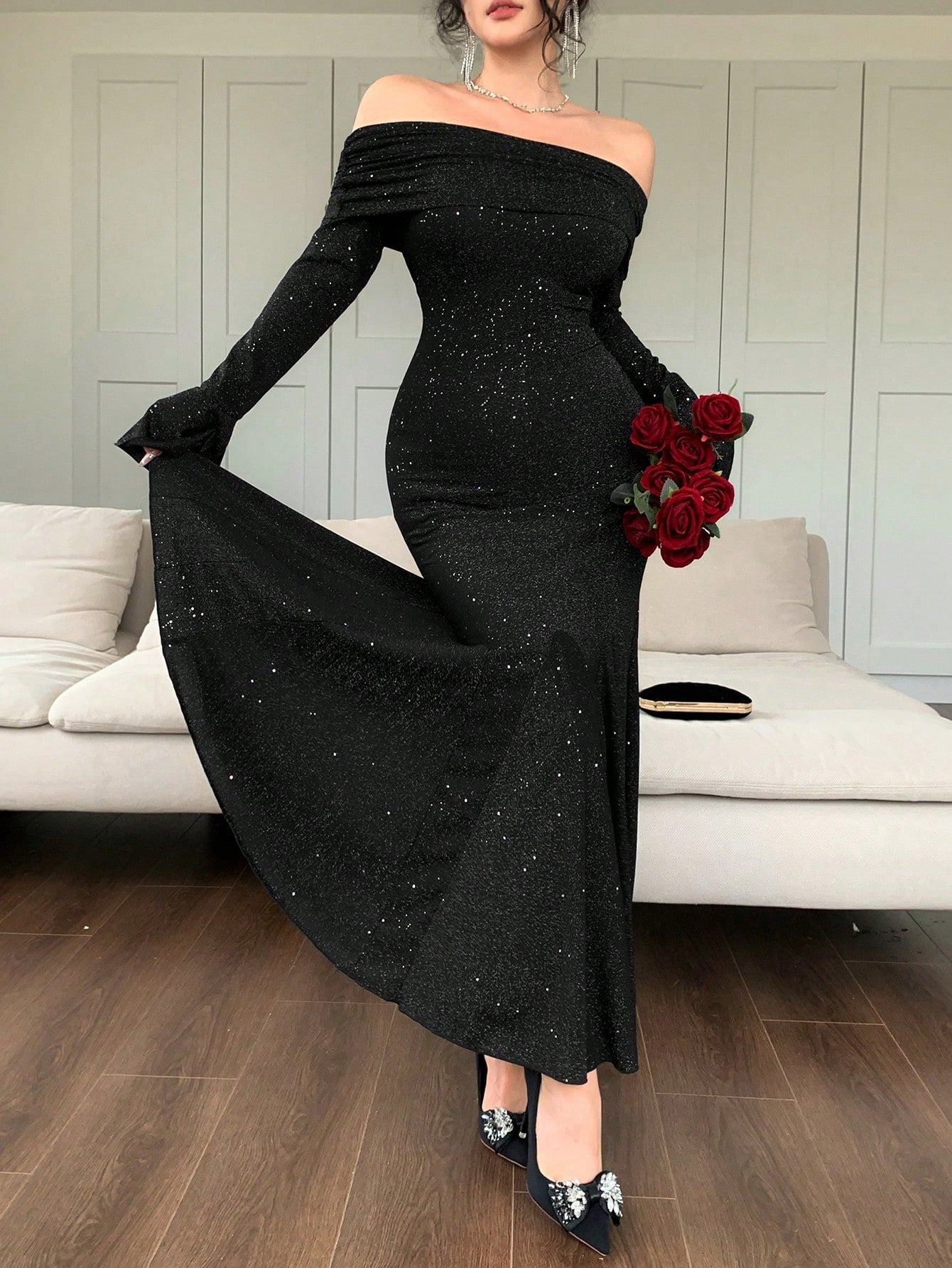 SHEIN DAZY فستان متوسط الطول بأكتاف مكشوفة وذيل سمكة