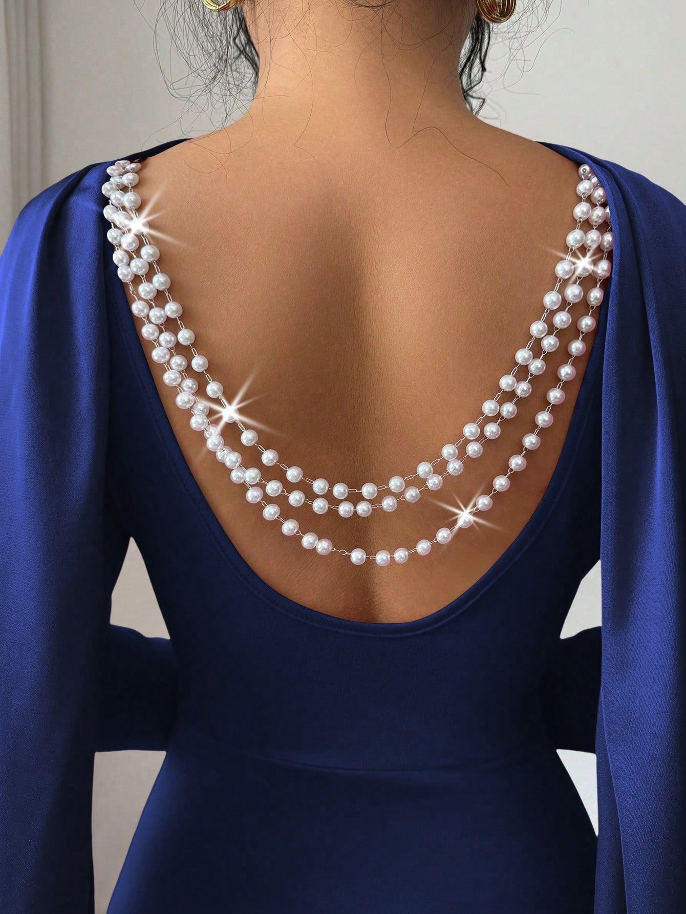SHEIN Elenzga فستان أزرق محبوك بخصر مربوط مزين بلؤلؤ