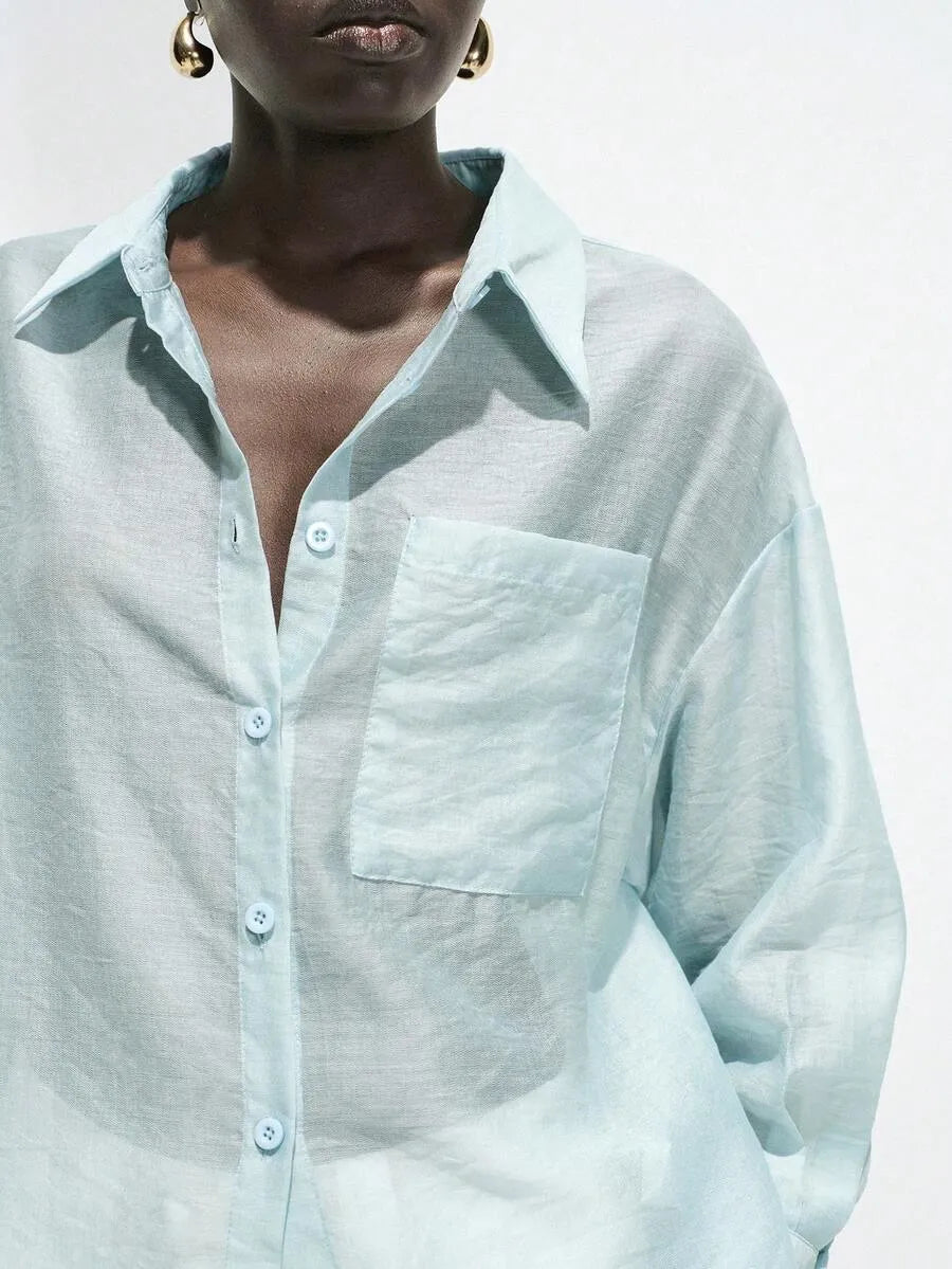 SHEIN Lumivelle قميص نسائي فضفاض شفاف بأزرار وجيب وأكمام 3/4 بلون أزرق