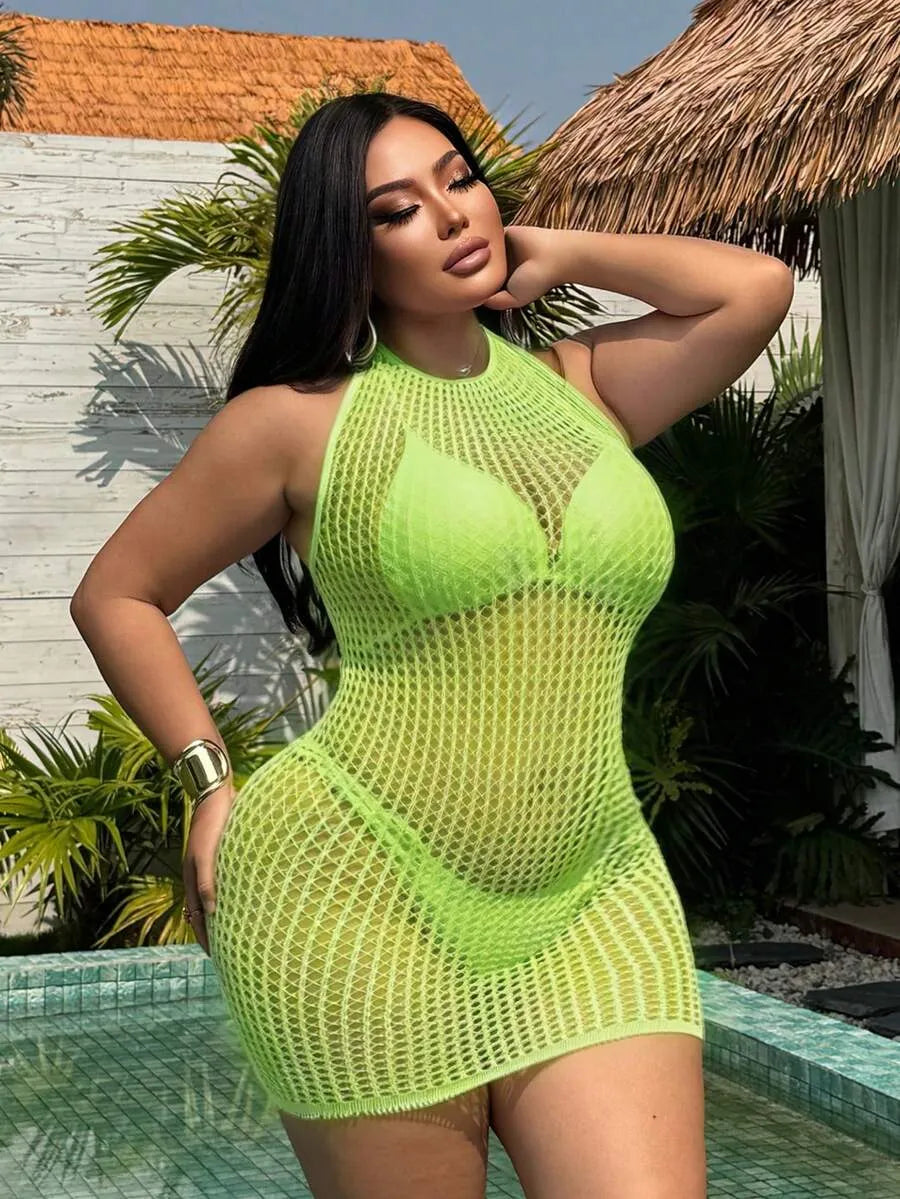 SHEIN فستان لانجري شبكي شفاف بحمالات رفيعة وظهر مكشوف بلون أخضر نعناع