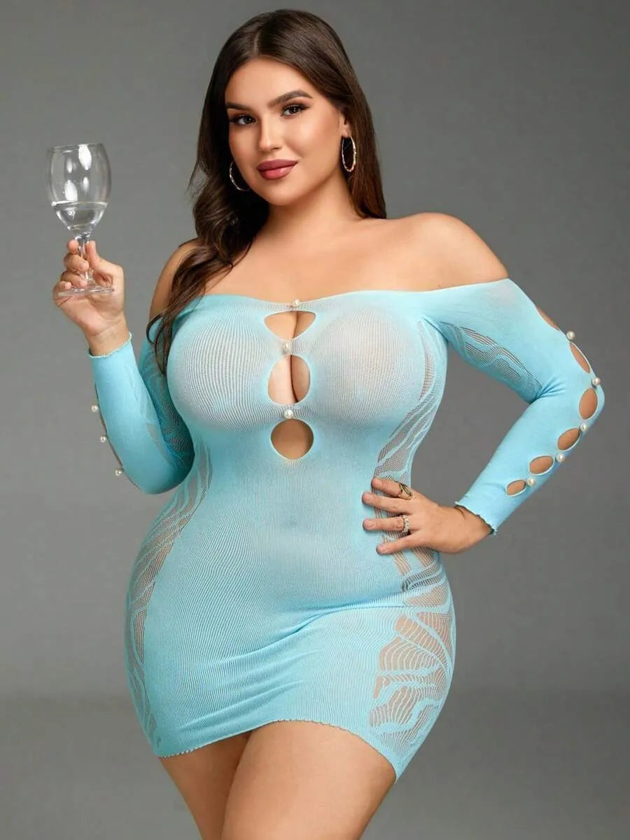 SHEIN جمبسوت دانتيل وشبك سمكي بدون حمالات بخصر عالٍ بلون أزرق