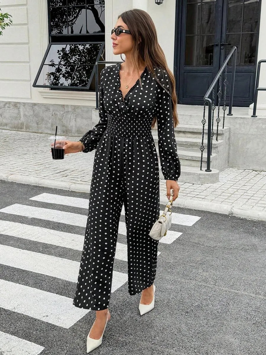 SHEIN Frenchy جمبسوت نسائي بنقشة بولكا دوت وياقة وأكمام طويلة بلون الأسود