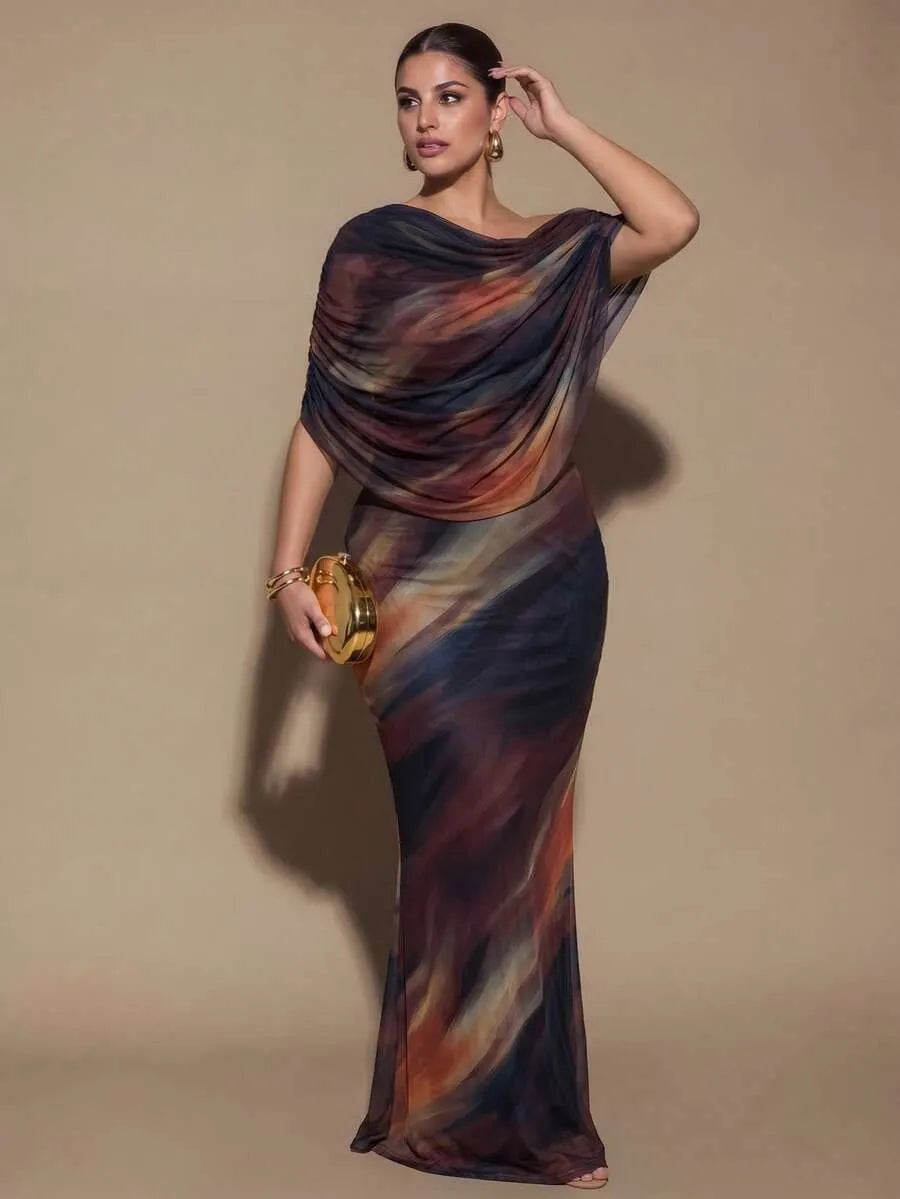 SHEIN BAE CURVE فستان نسائي بياقة غير متماثلة وشق جانبي بلون بني