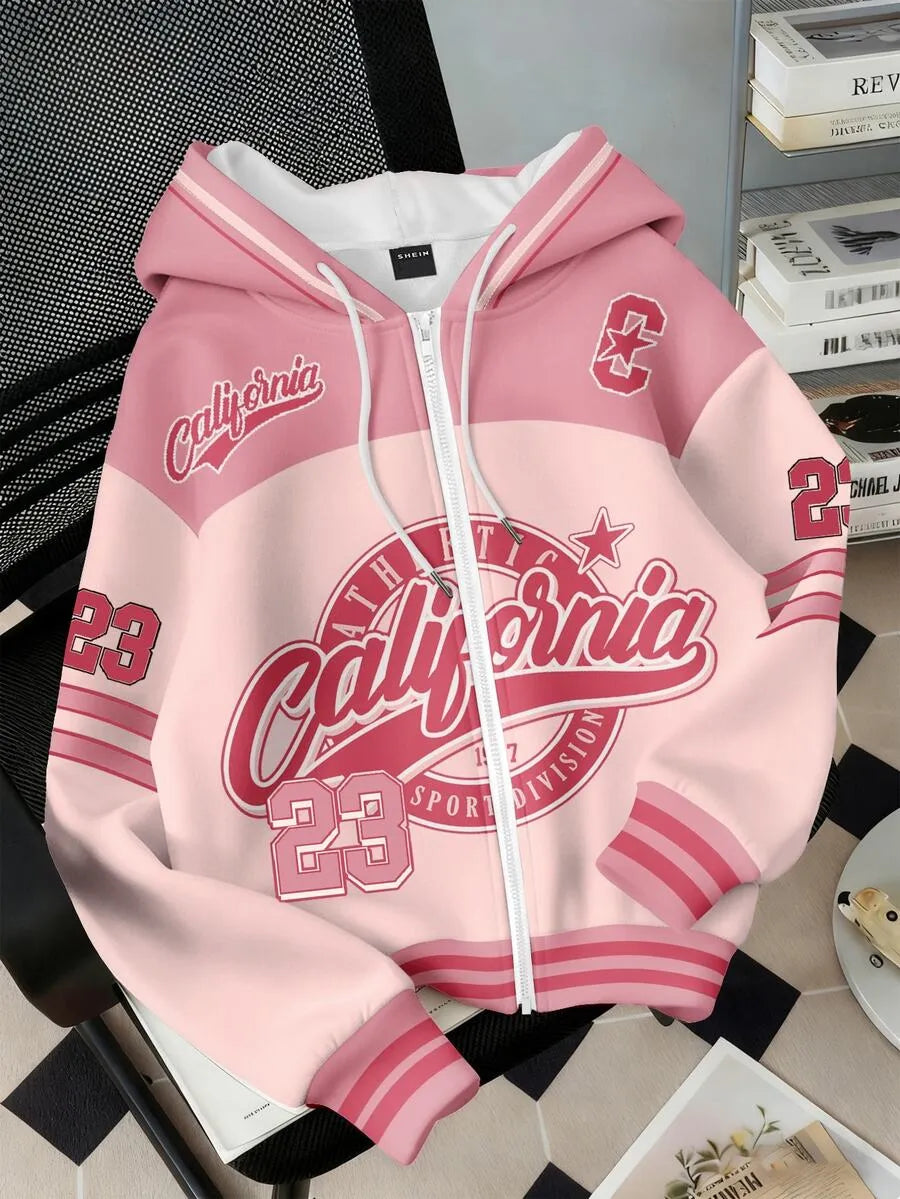 SHEIN EZwear سويت شيرت نسائي بسحاب ورباط وحروف متعدد الألوان